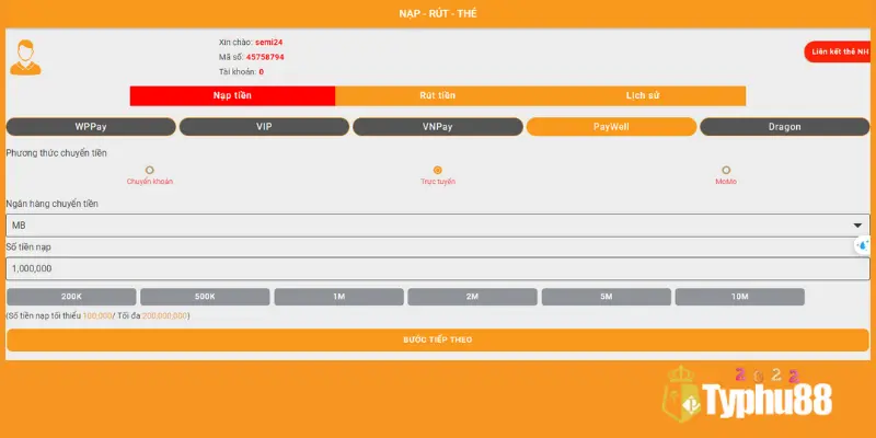 Kiểu nạp tiền Typhu88 qua Momo